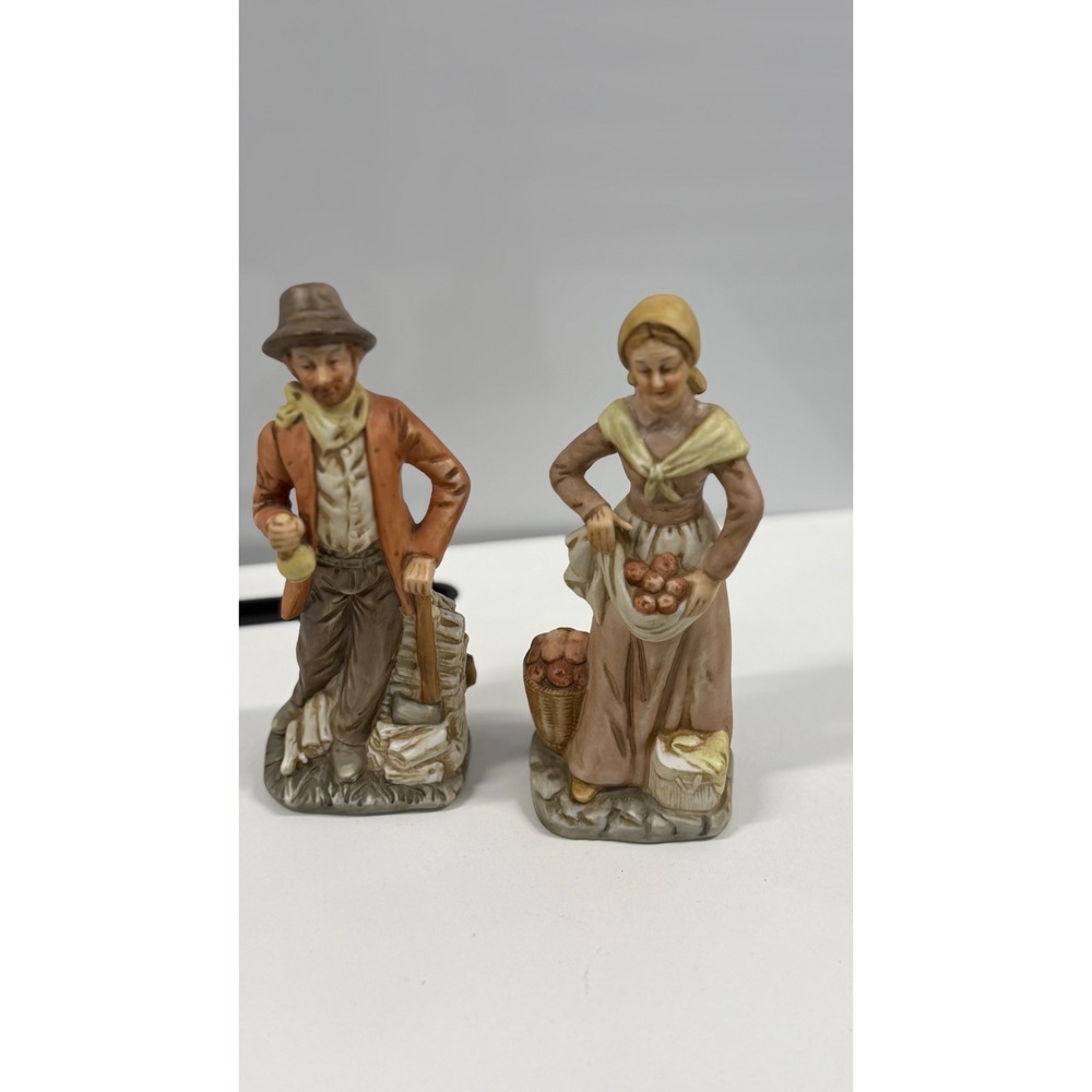 Vintage Ceramic Peasant Man and Woman Figurine Set Rustic Farmhouse Decor 9 inch
